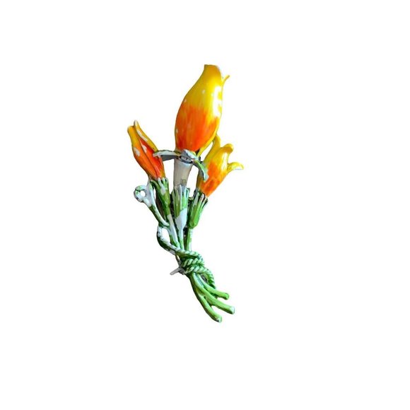Vintage Yellow Orange Tulip Bouquet Brooch Enamaled Paint 1.5" - Picture 2 of 7